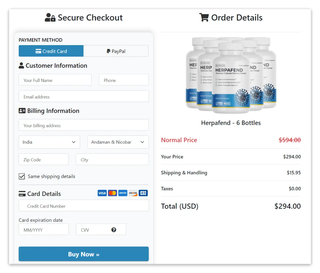 Herpafend checkout page